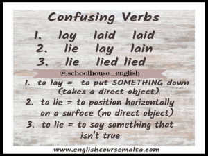 Lay or Lie. lay, laid, laid, lie, lay, lain, lie, lied, lied, irregular past forms in english