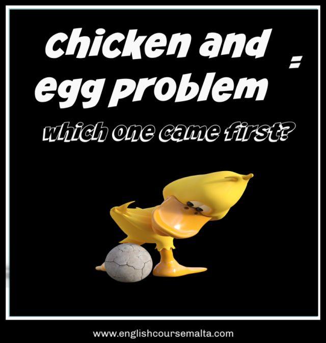 A picture infographic with a yellow duck looking behind at a cracked egg which is underneath it. It looks like the young duck might have just laid the egg. The text on the picture says,'chicken and egg problem' = which one came first?
